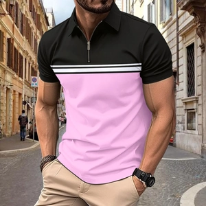 Polo da uomo slim fit a maniche corte con design color block nero e rosa e zip al collo