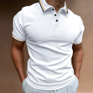 Close-up of ribbed polo collar with navy stripes and contrasting black buttons