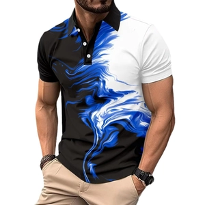 Polo da uomo business casual con stampa a onde blu e design elegante color block