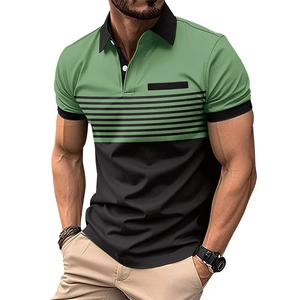 Macro shot of green and black color-block Polo shirt with textured fabric and white buttons