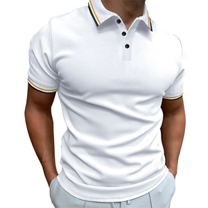 Detail of white men's polo shirt featuring black and yellow striped collar and cuffs