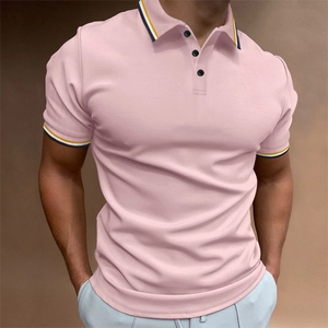 Macro detail of ribbed striped collar and three-button placket on slim fit polo shirt