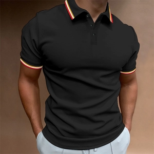 Detail of slim fit men's polo shirt featuring ribbed tricolor stripes on collar and sleeves
