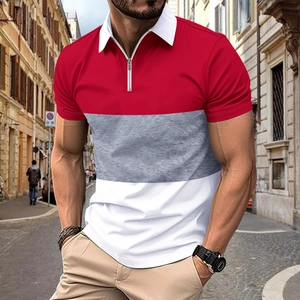 Polo homme à fermeture éclair avec design color-block rouge blanc et gris coupe slim
