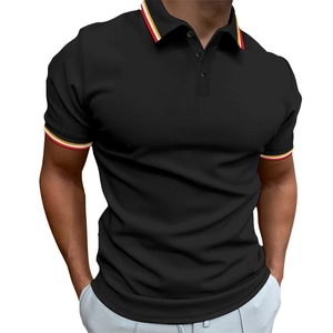 Detail of slim-fit men's polo shirt featuring striped ribbed collar and three-button placket