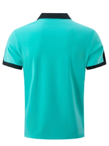 Back view of a casual teal blue men's polo shirt with stylish black contrast collar trim