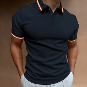 Slim fit navy blue polo shirt with contrast ribbed stripes on collar and sleeves