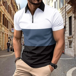 Polo homme coupe ajustée avec col zippé et design colorblock en blanc, bleu et noir