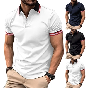 Maglia Polo da Uomo Casual a Maniche Corte Rever a Costine Collo con Bottoni Polsini a Strisce Contrastanti Top Estivo Traspirante