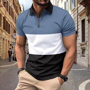 Polo Décontracté pour Hommes Bloc de Couleur Fermeture Éclair Revers Manches Courtes Haut Slim Fit Polyester Été T-Shirt Business Mode
