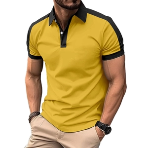 Close-up of men's slim fit yellow polo shirt with black contrast collar and shoulder detail