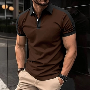 Detail of slim fit men's brown polo shirt with black spliced shoulders and collar