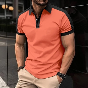 Men's slim-fit short-sleeved polo shirt in vibrant orange and black contrast sports design