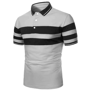 Detail of grey men's polo shirt with black stripes on chest and ribbed white button collar