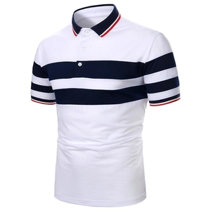 Detail of navy striped collar and white buttoned placket on men's cotton polo shirt