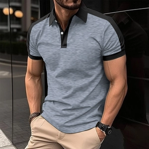 Detail of grey polo shirt with black contrast trim and slim fit lapel design for men
