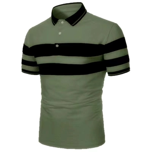 Detailed macro view of olive polo shirt featuring black stripes and ribbed collar with buttons