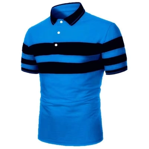 Detail view of royal blue polo shirt featuring black horizontal stripes and buttoned collar