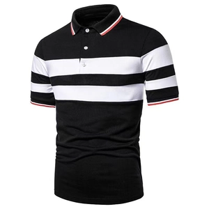 Detailed view of the contrast striped polo shirt featuring buttoned ribbed collar