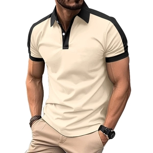 Detail of slim fit men's beige polo shirt with black contrast collar and shoulder accents
