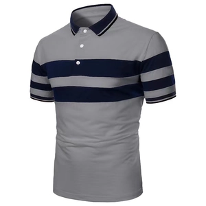 Detail view of men's slim fit polo shirt with navy stripes and buttoned rib collar