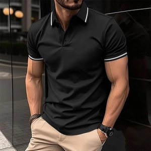 Close-up of black men's polo shirt with white stripe trim on ribbed collar and cuffs