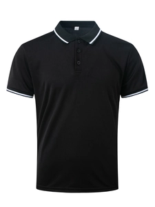 Detailed view of black polo shirt collar with white stripes and three-button placket