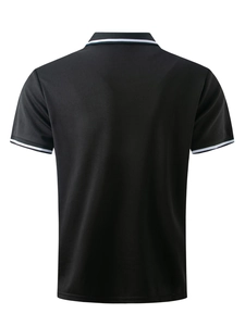 Back view of black ribbed polo shirt with contrast white stripes on collar and cuffs