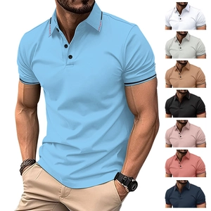 Detail of ribbed collar and cuffs with contrast stripes on a men's blue polo shirt