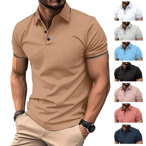 Detail showing various colors of men's polo shirts with rib collar and button neckline