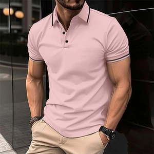 Men's light pink short sleeve polo shirt with ribbed collar and black stripe details