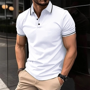 Slim fit men's white polo shirt with black contrast trim on collar and ribbed sleeves