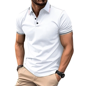 Close-up of white polo shirt ribbed collar with subtle contrast stitching and three buttons