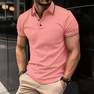 Men's coral pink short sleeve polo shirt with black striped rib collar and cuffs