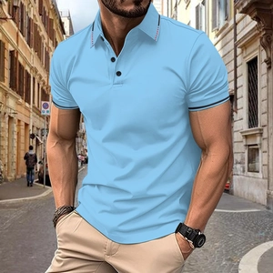 Men's light blue slim fit polo shirt with ribbed collar and black buttons in casual style