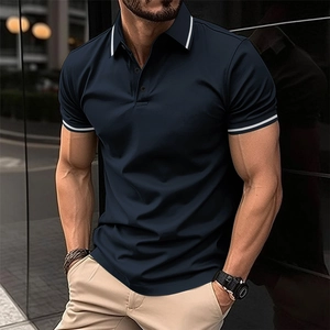 Detail view of navy blue polo shirt with white stripe accents and buttoned collar