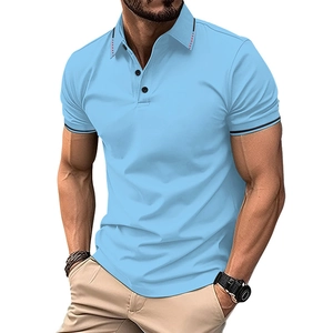 Detail of light blue Polo shirt featuring ribbed collar with stripe and button neckline