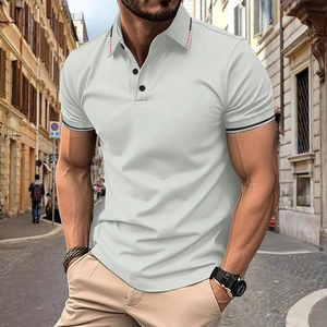 Men's light grey casual Polo shirt with ribbed collar and stylish button placket