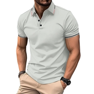 Detail of grey men's polo shirt showing ribbed collar with red trim and buttons