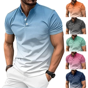 Polo Décontracté Coupe Ajustée pour Hommes Dégradé Col Montant Henley Manches Courtes Respirant Été Sport Mode Haut
