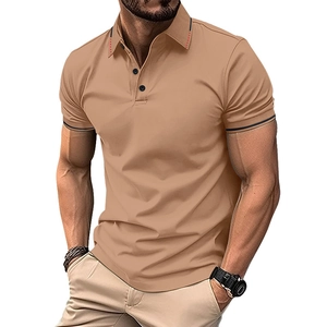 Detail of khaki men's polo shirt with ribbed collar and red-black trim pattern