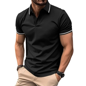 Slim fit black short sleeve polo shirt for men with white tipped collar and sleeve cuffs