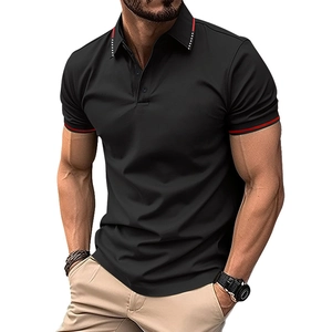 Detail of ribbed collar with red stripes on a slim fit black polo shirt for men