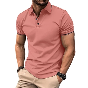 Close-up of pink men's polo shirt featuring ribbed collar and contrast trim on sleeves