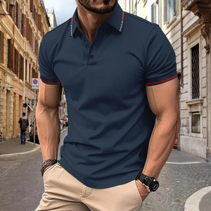 Navy blue men's short sleeve polo shirt with ribbed striped collar and three-button placket