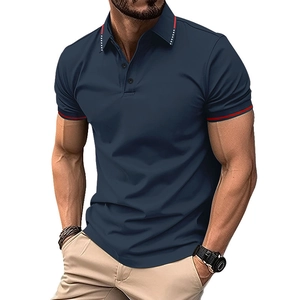 Detail of navy blue polo shirt with red striped ribbed collar and three dark buttons