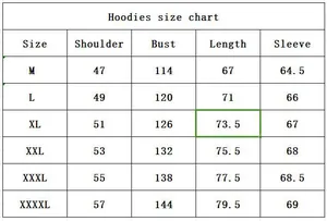 Detailed size chart for men's 3D hoodies showing shoulder, bust, length, and sleeve measures