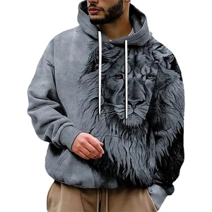 Men's grey hooded sweatshirt with a 3D artistic lion print and front kangaroo pocket