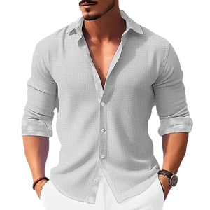 Men's casual linen-texture long sleeve shirt in light grey with tropical palm print details