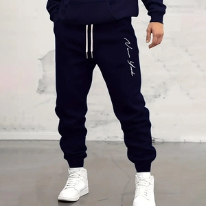 Men's navy casual jogger pants with white New York letter print and drawstring waist